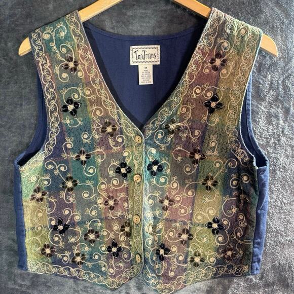 Tantrum Jackets & Blazers - 90s TanTrums Embroidered Beaded Floral Patchwork Vest M Cottagecore Whimsigoth